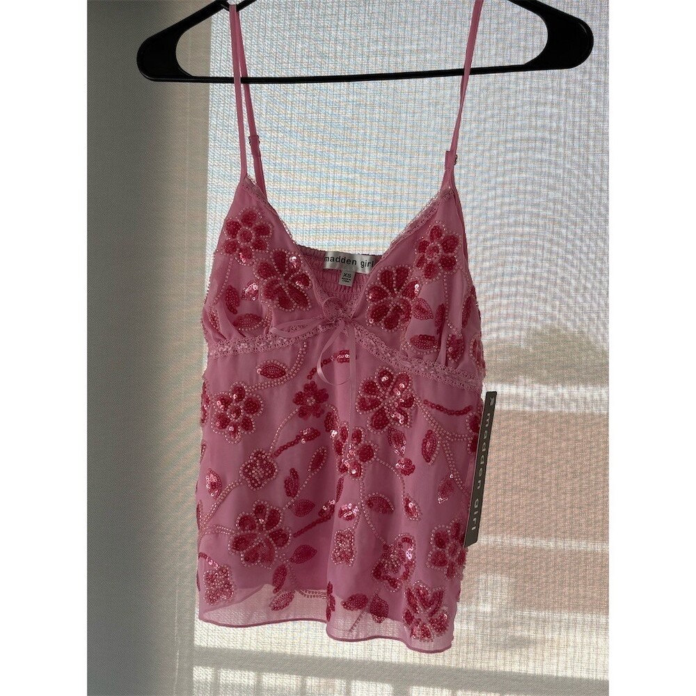 Madden Girl Cami Tank Top Womens XS Pink Floral Sequin Beaded Tie Front